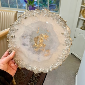 10” resin tray with glass rim, pearl white with gold accents, handmade decorative tray / serving tray, unique centerpiece, geode agate shape