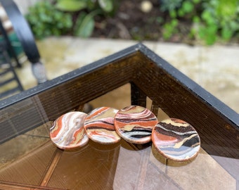 Handmade geode style coasters in bronze and gold colors, thick epoxy resin and solid wood coaster sets with cork bottom, gold accent decor