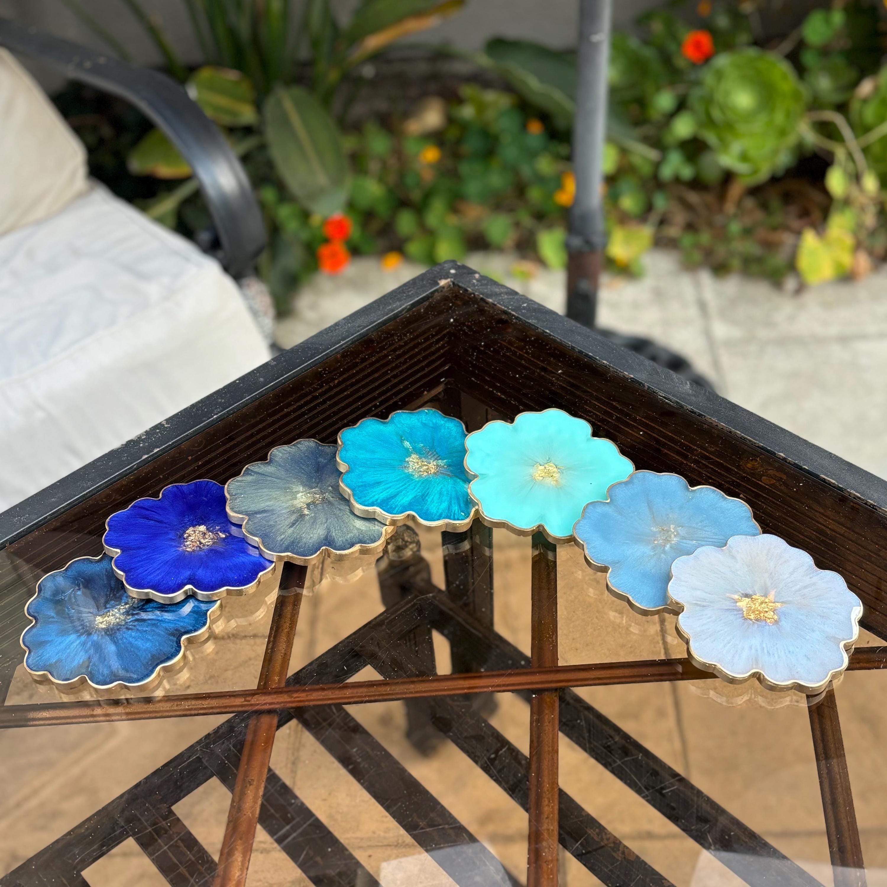 Blue Flower Coasters, Handmade Resin Coasters With Gold Accents ...