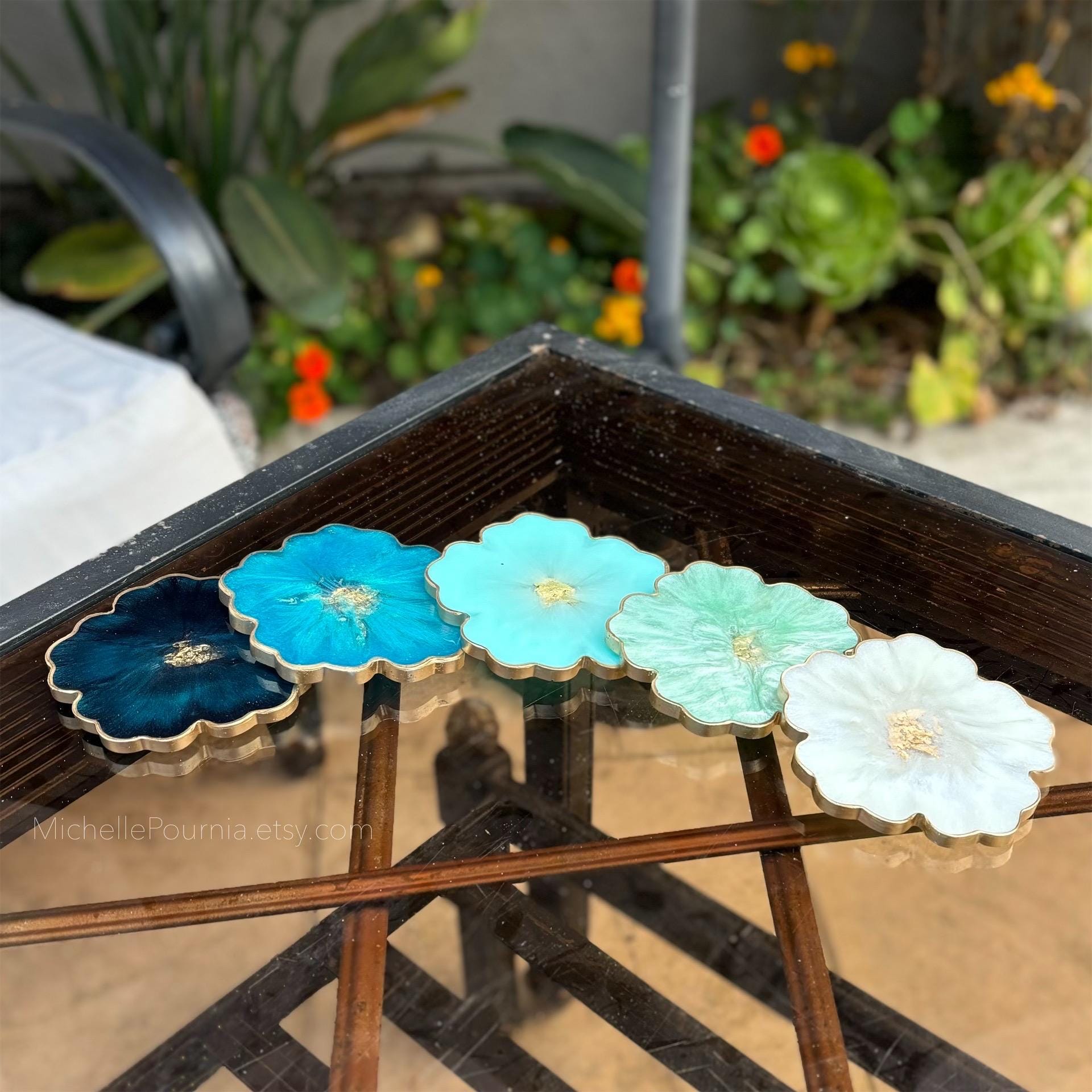 Handmade flower coasters in blue-green shades, epoxy resin coasters with non-slip pads, mixed resin coaster set, custom color gift for home