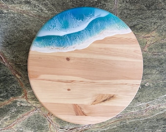ocean waves lazy susan, handmade lazy susan turn table made with resin on solid wood, beach themed centerpiece on 18" lazy susan turntable