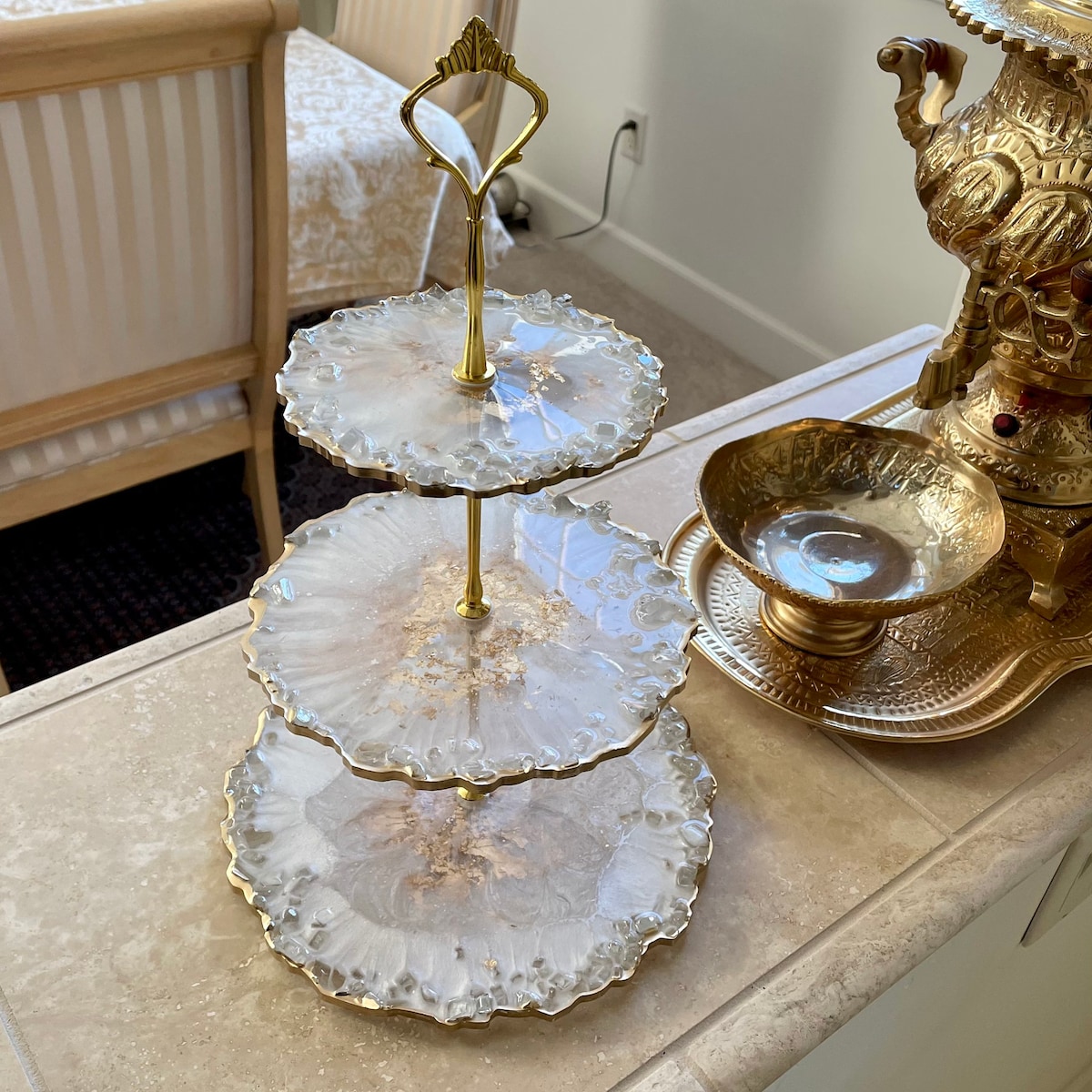 3-tiered Tray Made of Resin, Small Decorative Tray, White and Gold With Glass Rim, Handmade Lightweight Tray, Candy Dish or Jewelry Stand - Etsy
