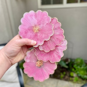 Bright pink flower coasters with gold accents, handmade epoxy resin coasters, 4.5” diameter, shimmery pink coaster sets of 2 or 4