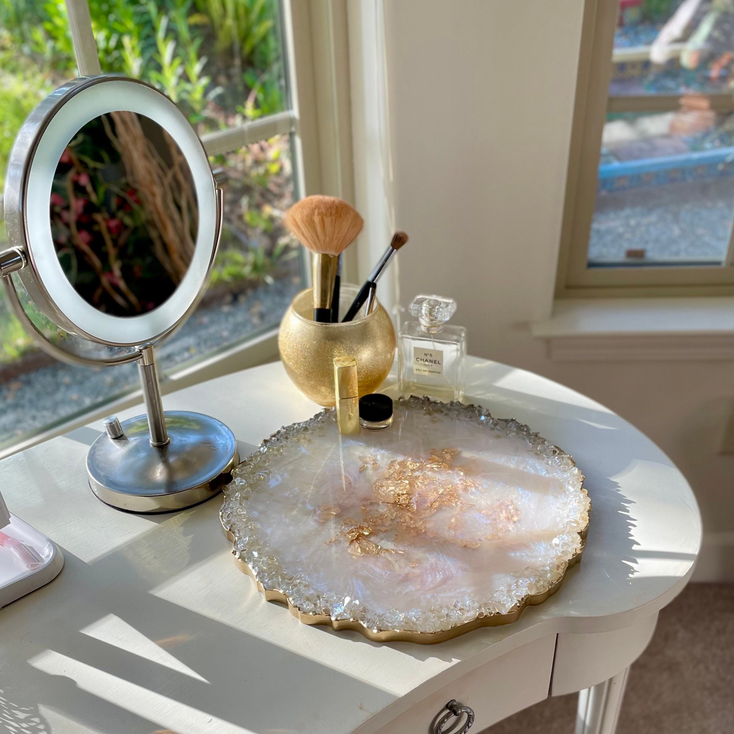Iridescent White Opal Tray Round Tray With Reflective Glass Rim