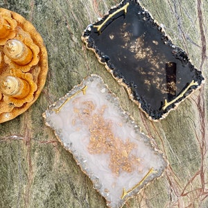 Handmade resin tray with handles, black and gold, white and gold, with crushed glass edges, large serving tray