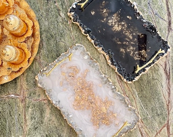 Handmade resin tray with handles, black and gold, white and gold, with crushed glass edges, large serving tray