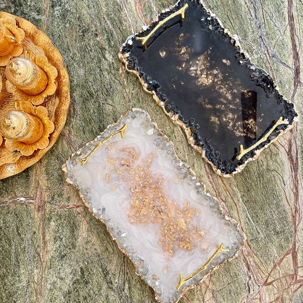 Handmade resin tray with handles, black and gold, white and gold, with crushed glass edges, large serving tray