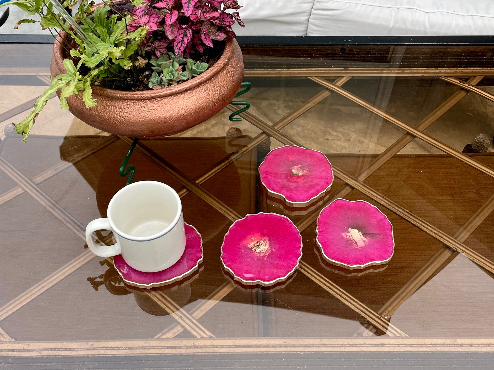 Hot pink coaster set pink & gold coasters with unique shape Etsy