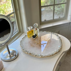 16” lazy susan turntable centerpiece, handmade with epoxy resin and glass, white and gold tray with rim, XL geode / agate style tray