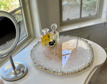 16” lazy susan turntable centerpiece, handmade with epoxy resin and glass, white and gold tray with rim, XL geode / agate style tray