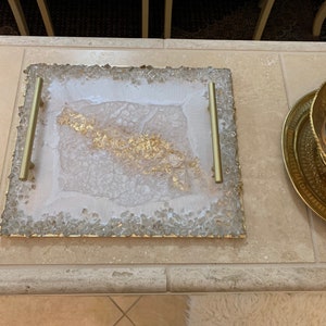 10x12” Pearl white resin tray with gold accents and reflective glass rim, large resin trays with handles, decorative tray, handmade