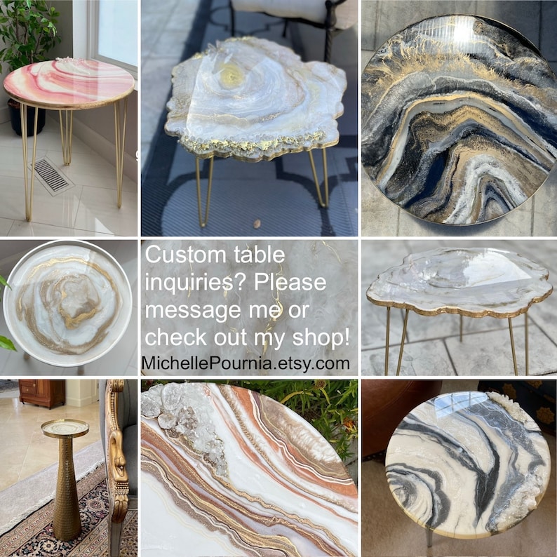 Puede incluir: Un collage de nueve im&aacute;genes que muestran diferentes mesas de caf&eacute; de resina con dise&ntilde;os &uacute;nicos. Las mesas presentan diferentes formas, tama&ntilde;os y combinaciones de colores, incluyendo blanco, negro, dorado y rosa. Cada mesa est&aacute; sostenida por finas patas de metal dorado. El texto "Custom table inquiries? Please message me or check out my shop! MichellePournia.etsy.com" se muestra en el centro del collage.