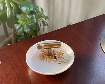 4” porcelain and resin ring dish, white and gold jewelry tray, handmade jewelry bowl, small tray for rings & earrings, decorative ring tray