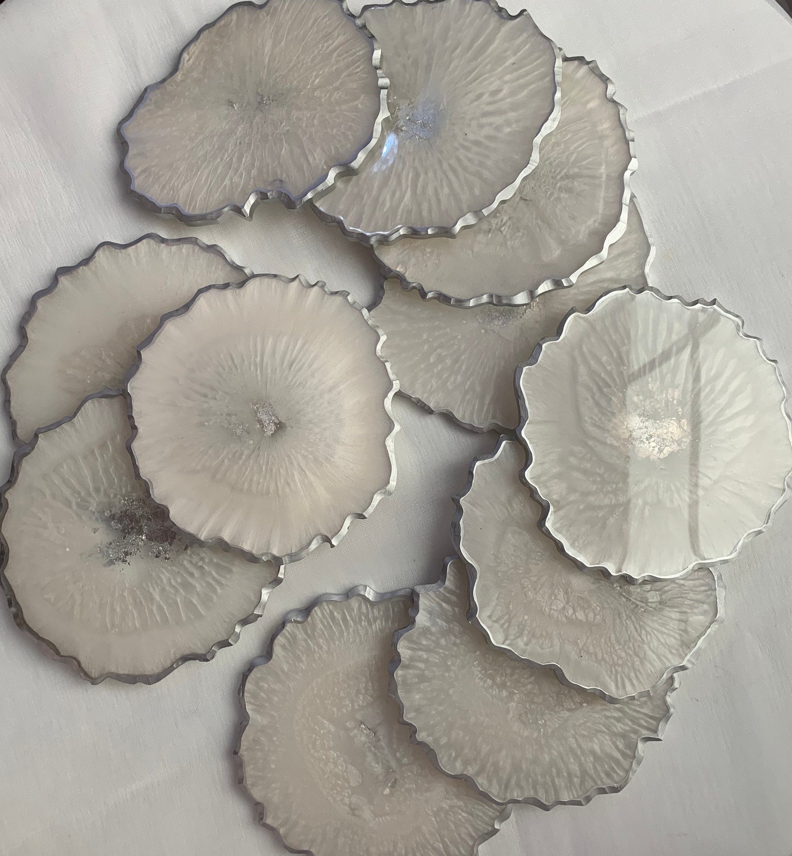 White and silver coaster sets, epoxy resin coasters with customizable shapes, handmade geode style coasters, large cup coasters