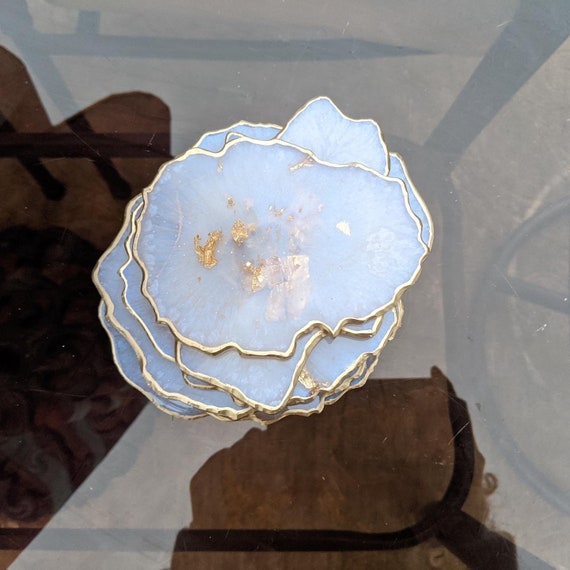 White and gold resin coaster set irregular coasters random shape handmade geode agate coasters large coasters