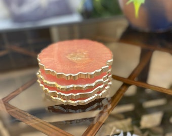 Sunset coasters, oversized epoxy resin coaster sets of 2 or 4, handmade coasters with irregular geode/agate shape, shimmering orange pink
