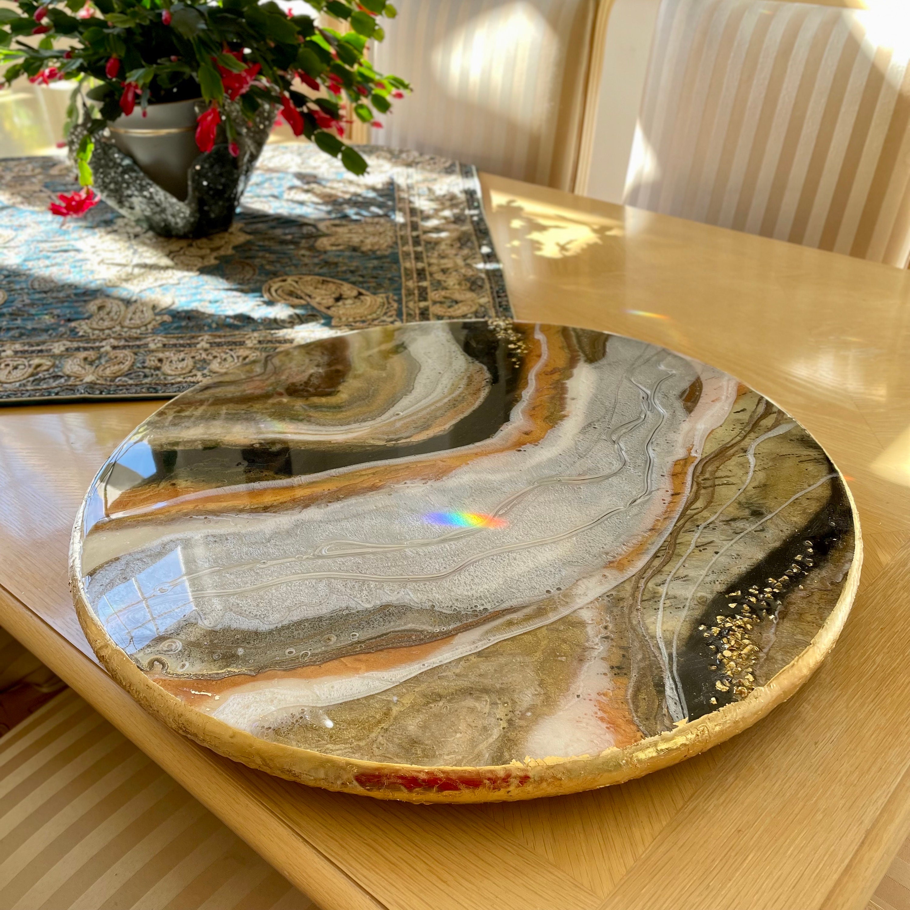 Design your own lazy susan turntable, handmade with resin on solid wood, abstract geode resin art centerpiece, custom color & size available
