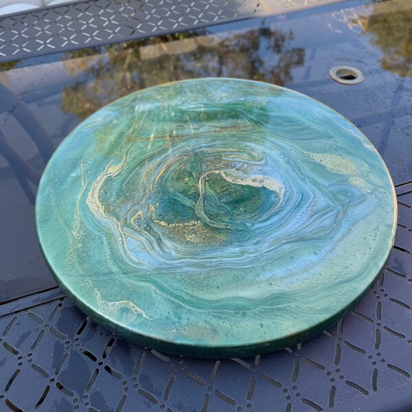Handmade lazy susan on solid wood, abstract epoxy resin lazy susan, greens and gold colors, unique centerpiece art, 18” diameter