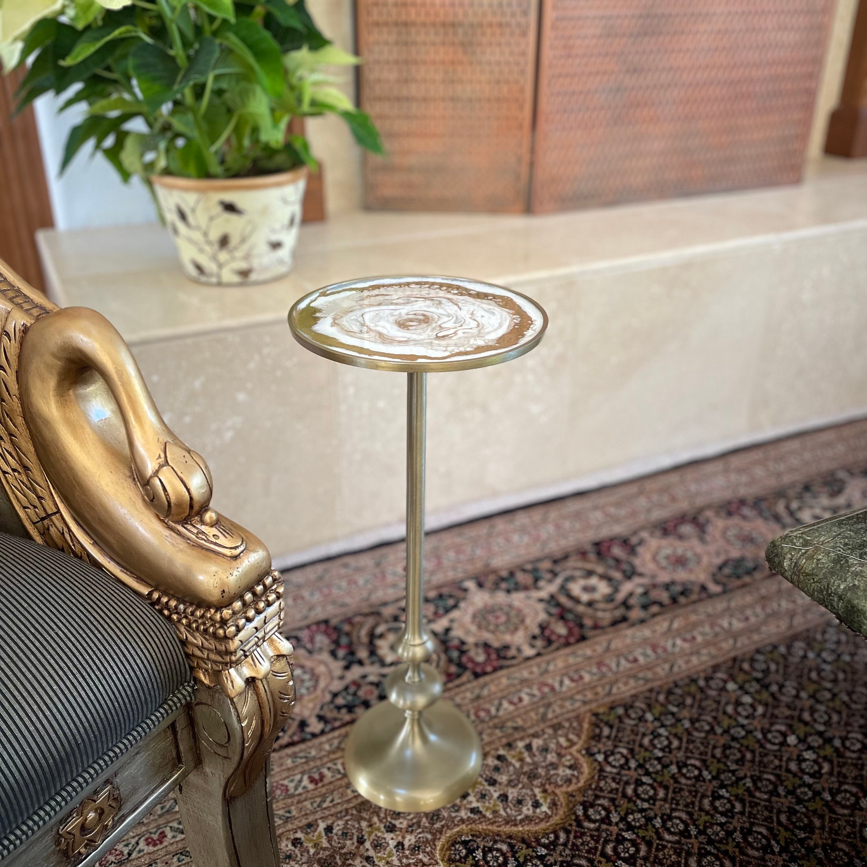 Small pedestal drink table, modern handmade brass side table with resin top, cream white and gold accent table, can be made in any color!