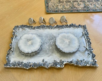 Handmade tray and coaster set with napkin rings, iridescent white and silver resin tray with matching coasters and napkin rings, 9 piece set