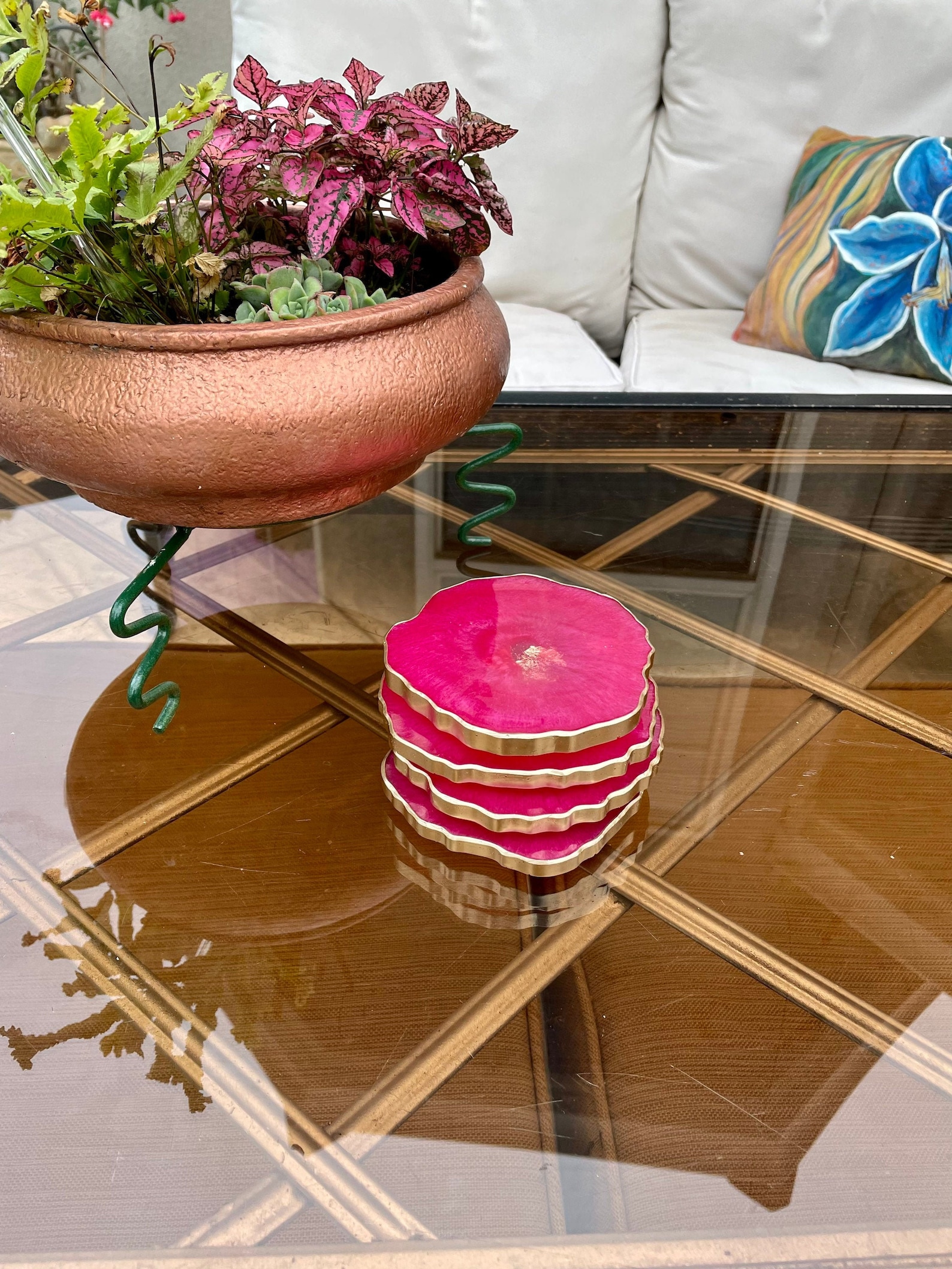 Hot pink coaster set pink & gold coasters with unique shape Etsy