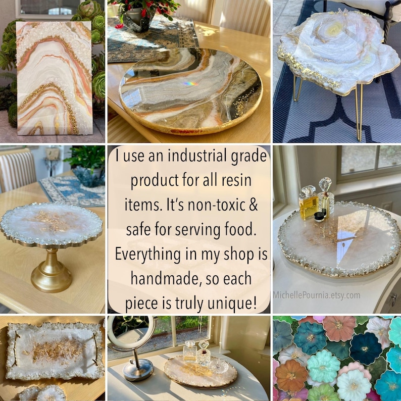 May include: A selection of handmade resin art items, such as a round serving tray with gold edging, a small table with gold legs, and a rectangular tray. The resin art showcases swirling patterns in white, brown, and gold. The image text reads, "I use an industrial grade product for all resin items."