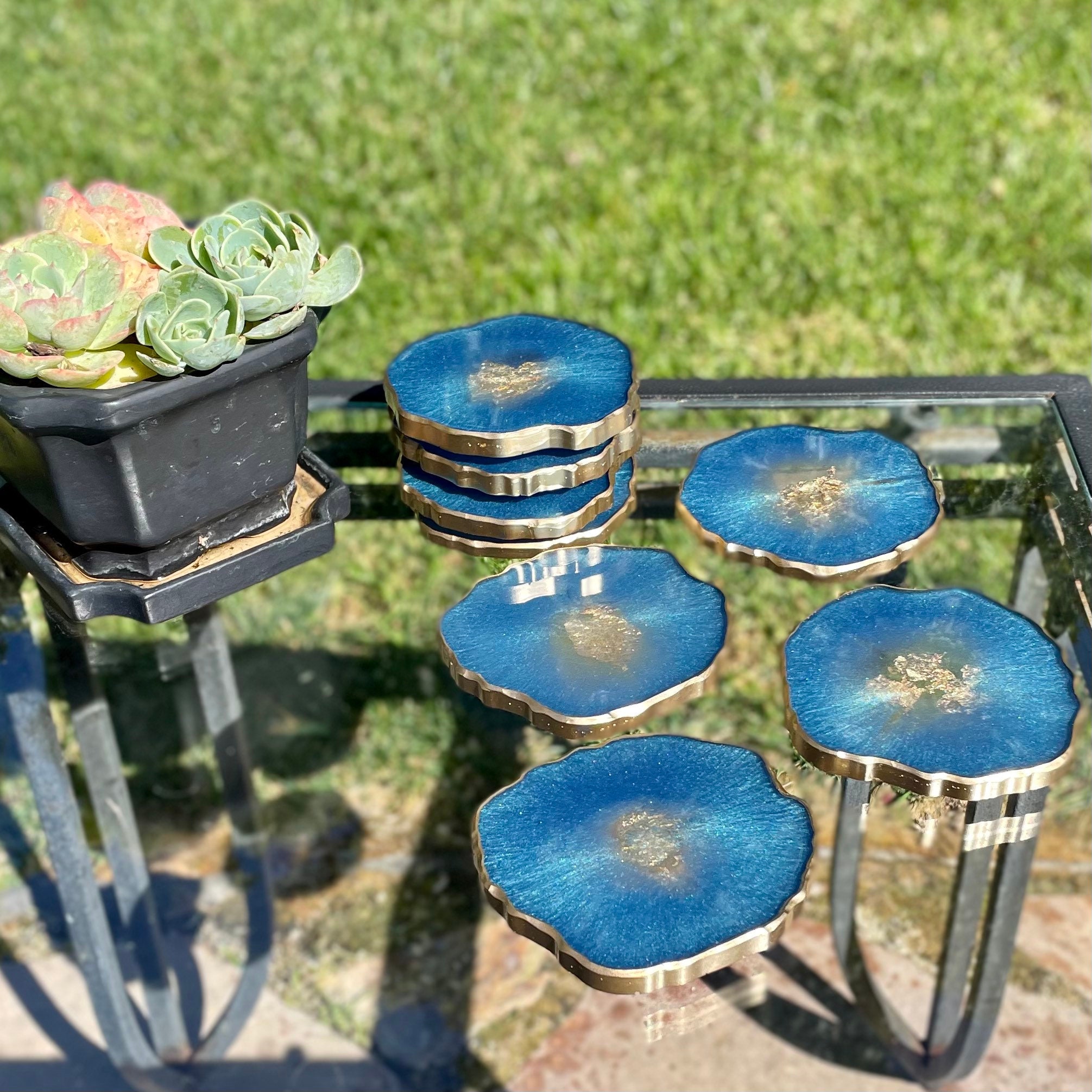 Deep Ocean Blue Coasters With Geode Agate Shapes, Handmade Epoxy Resin ...