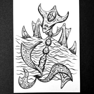 Surreal Deep-Sea Horror Ink Illustration – A5 Dark Fantasy Art Print