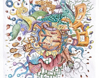 Pintura de acuarela con personajes fantásticos: obra de arte surrealista