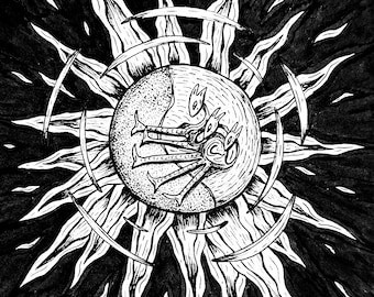 May include: A monochrome illustration featuring a sunburst design. The sun's rays emanate from a central circle containing three figures. The artwork is detailed, with a focus on line work and high contrast, creating a striking visual.
