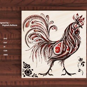 Rooster multilayered laser cut files,cnc laser cut vector,laser engraving file,laser cut Mandala,glowforge rooster cricut laser cut files
