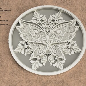 May include: A white paper cut-out of a butterfly with intricate details, layered in a circle on a gray background.