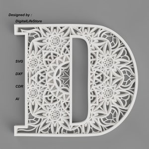 Estratificada Mandala Carta D LASER CUT FILES,laser cut ,cnc router file,laser cut Alphabet Mandala files,dxf svg Alphabet Letter laser cut files