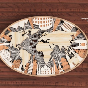 Fichiers découpés au laser de carte du monde de Mandala en couches svg, fichiers cnc découpés au laser Mandala, fichiers découpés cricut glowforge, fichiers découpés au laser carte du monde carte du monde