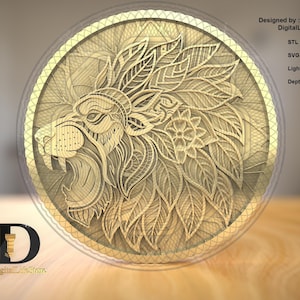 Mandala Lion 3D Engraving Files: Fiber Laser SVG, STL, Depthmap Coin Design