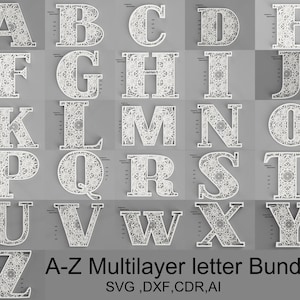 Letras do alfabeto de A a Z, arquivos de corte a laser, letras em camadas SVG, letras de alfabeto multicamadas cortadas a laser SVG, letras do alfabeto SVG, pacote de letras em camadas