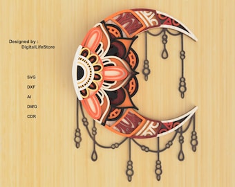 May include: A decorative crescent moon with a mandala design in shades of red, orange, and yellow. The moon is adorned with dangling beads and a black outline.