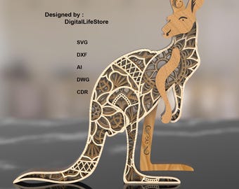 Kangaroo Laser Cut Files SVG | Layered Mandala Kangaroo | CNC Router File | Glowforge Laser Design | Multilayer Cut Pattern