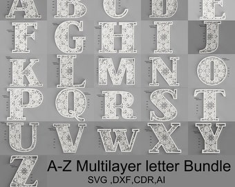 A-Z Alphabet Letters,laser cut files Layered Letters SVG,Laser Cut Multilayer Alhabet Letter SVG,Alphabet Letters svg,Layered Letters Bundle
