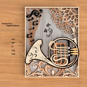 gelaagde Franse Hoorn mandala svg, laser gesneden bestanden, laser gesneden, cnc router bestanden, graveren glowforge bestanden, laser snijden bestanden, Hoorn laser gesneden bestand