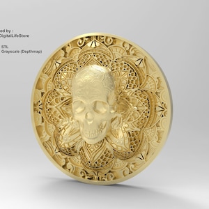 Fichiers de pièce de monnaie de gravure 3D de crâne de mandala, dessins de gravure au laser à fibre optique, fichiers Stl,