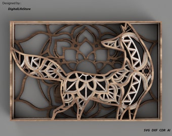 May include: A laser cut wooden fox design with intricate details. The fox is standing in front of a mandala pattern. The design is suitable for crafting and home decor.