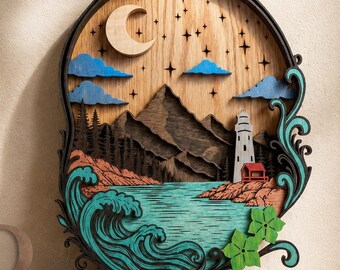 Layered Laser Cut Files, Lighthouse Ocean Wave Wall Decor, Coastal CNC Router Files, SVG DXF