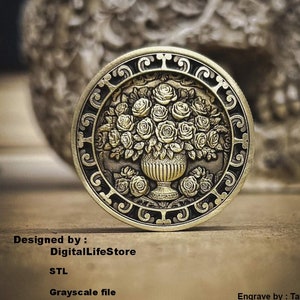 Archivos de monedas de grabado 3d de jarrón de flores, diseños de grabado láser de fibra, Archivos Stl de jarrón de flores, Archivos de impresión 3d, Archivos de mapa de profundidad