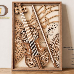 Puede incluir: Obra de arte enmarcada en madera que representa un violín con arco, notas musicales y patrones decorativos. La obra de arte de madera en capas utiliza tonos marrones y beige. El texto "Designed by: DigitalLifeStore" es visible.