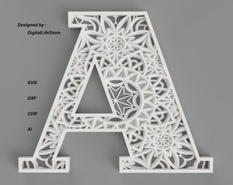 Layered Mandala Letter A,LASER CUT FILES laser cut ,cnc router file,laser cut Alphabet Mandala files,dxf svg Alphabet Letter laser cut files