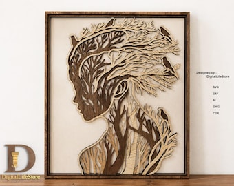 May include: A wooden wall art piece featuring a layered design of a woman's profile integrated with tree branches and birds. The artwork is framed in a dark brown wooden frame. The design is by DigitalLifeStore.