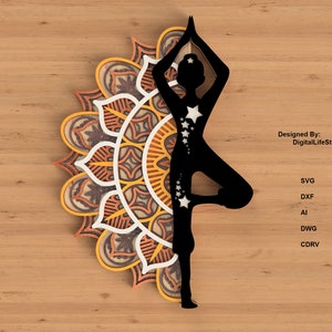 Yoga pose couches Mandala laser coupé fichiers, fichiers Cricut, fichier de routeur cnc de découpe laser, fichier glowforge, chat couches mandala svg dxf fichiers coupés