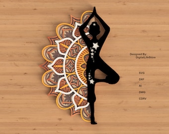 Yogapose gelaagde mandala lasergesneden bestanden, Cricut-bestanden, lasersnijden cnc-routerbestand, glowforge-bestand, kat gelaagde mandala svg dxf-bestanden knippen
