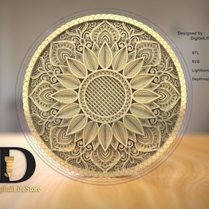 Sunflower Mandala 3D Engraving Files: Fiber Laser SVG STL, Depthmap, Coin Design